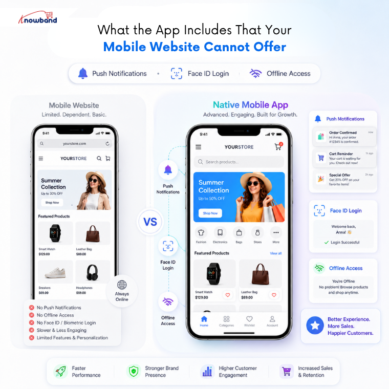 Native mobile app features including push notifications, Face ID login, fingerprint authentication, and offline shopping support.