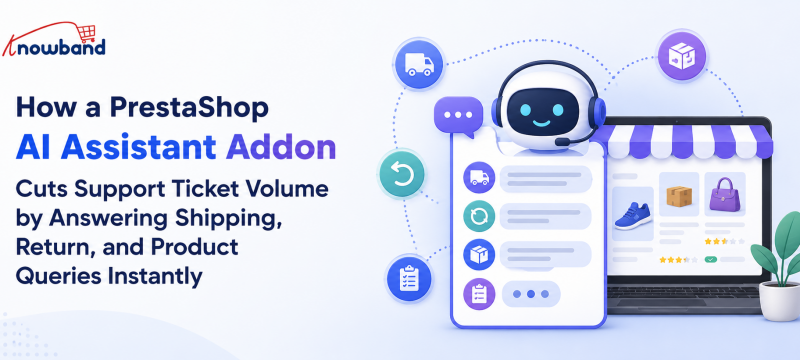 PrestaShop AI Assistant Addon answering shipping, return, product, and order status queries instantly to reduce customer support tickets.