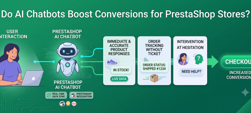 PrestaShop AI chatbot diagram illustrating the user workflow from product inquiry to completed checkout.